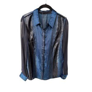Elie Tahari Blue Velvet & Silk Sheer Blouse Metallic Stripe Button Down XS